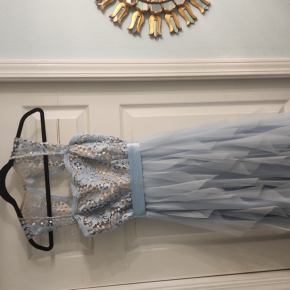 Nights By Teeze Me Blue Lace Overlay Keyhole Ruffle Full Length Dress Size 3